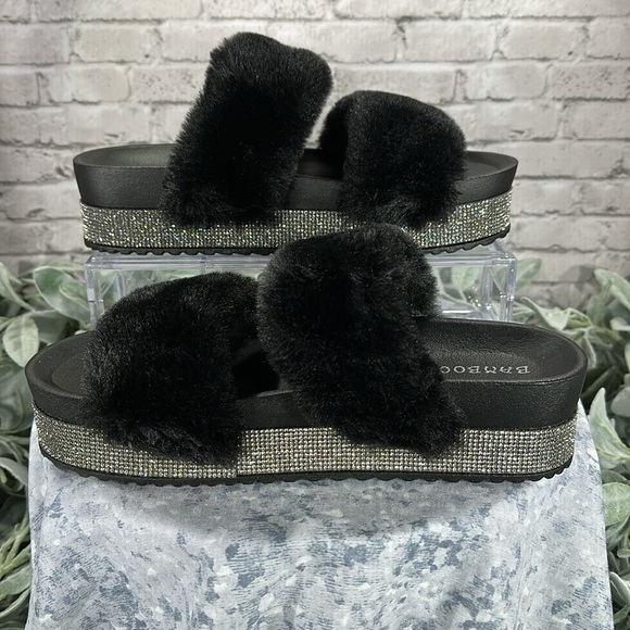 Bamboo Black 2-Band Furry Slipper Shoes with Crystal Embellished Soles WMS 9M - Picture 3 of 10